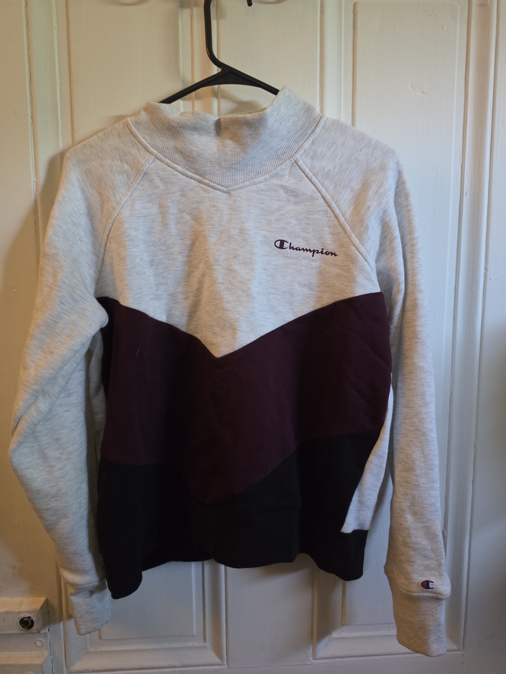 Champion Colorblock Crewneck Sweater in Light Gray, Burgundy & Black